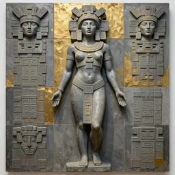 beautiful aztec inca woman colossus full body well proportioned in tunic stands posing among tiles by eddie mendoza hyperrealism cyborgess expressive dramatic symmetrical very very detailed giger beksinski grey and gold shadows masterpiece