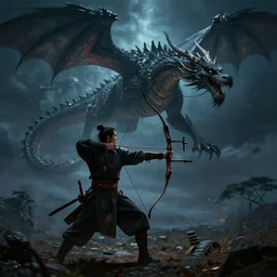 korean archer fighting a dragon under the night sky. the archer is in the ground. the dragon in the sky. dark fantasy. high resolution. dungenons and dragons. fantasy. detailed. digital art. dark fantasy.