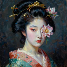 detailed oil painting of geisha with flower grow out from the face, james jean, chogiseok, baroque, impressionism, cool temperature