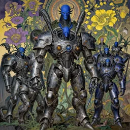 composition of gothic and futuristic, warhammer, animals in cyber armor, many mechflowers, blue head, some purple and yellow, the middle ages, highly detailed, artstation, in the style of moebius, jugendstil and classic japanese print, psychedelic, art by malcolm hart, don lenzer, michael margetts, david myers, richard pearce, michael wadleigh and alfred wertheimer
