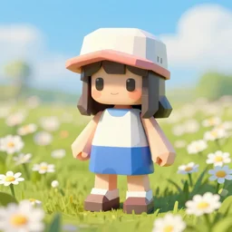 lowpoly ps 1 playstation 1 9 9 9 anthropomorphic lurantis girl standing in a field of daisies wearing shoes and a crockett hat, digital illustration by ruan jia on artstation