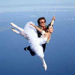 Danny Devito dressed as a ballerina skydiving