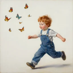 a three year old boy with ginger hair wearing denim overalls chasing butterflies. clean elegant painting, beautiful detailed face, lots of butterflies. by raymond swanland and artgerm and greg rutkowski