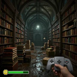 “Dark dingy wet library with stacks of books in piles and boxes on the floor. High vaulted ceilings in the style of D&D. 4K high definition photo as a first person N64 game”
