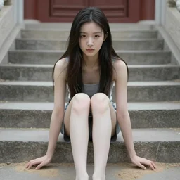 like dust, magic gathers in overlooked places, photorealistic portrait of yuja wang in style of tom bagshaw and greg rutkowski. absolutely stunning!, sitting on the palace stairs, symmetrical perfect face, porcelain skin, ultra - detailed, digital art, 8 k