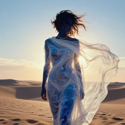 filmstill photography of female body silhouette covered with swirling white translucent blanket blowing in wind, acrylic liquid colors, luxurious supermodel photoshooting, golden jewelry, bokeh, godrays, strong wind, wrinkles, sunrays, sunset, lens flares, monet, renoir, cold colors, digital illustration, art noveau, liquid marbling painting, sand dunes, sand dust, micheal bay lens flares