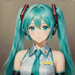 Hatsune Miku portrait, 4k oil on linen by wlop, artgerm, andrei riabovitchev, nuri iyem, james gurney, james jean, greg rutkowski, highly detailed, soft lighting 8k resolution
