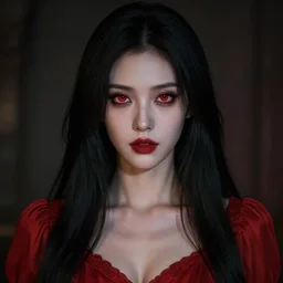 portrait of a woman with long black hair and red eyes, wearing a red dress, horror, 4k, highly detailed face, beautiful, octane render, cgi, cgsociety, dark lighting, artstation, high quality, depth of field, ambient occlusion,