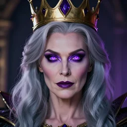 portrait of a supervillian with ashen hair, violet glowing eyes, wearing a crown, very detailed, colorful, middle - aged