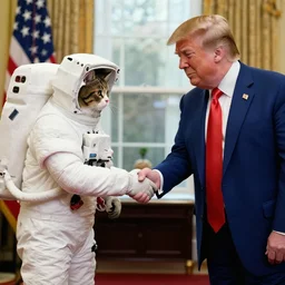 cat astronaut gives a handshake to donald trump