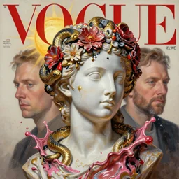 3 d marble statue of fancy head with snakes and melting flowers over, multiple splashes of golden and red and black paint, liquid white and pink metal, sun, vogue cover style, poster art, high detail, intricate oil painting, multiple exposure, stanley kubrick mood, hyperrealism, 3 d, by tooth wu and wlop and beeple and greg rutkowski