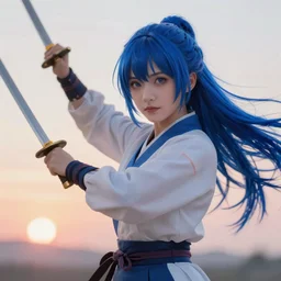 highly detailed beautiful photo of madison beer as a young female samurai, practising her sword staces, symmetrical face, beautiful eyes, cobalt blue hair, realistic anime art style, 8 k, award winning photo, pastels colours, action photography, 1 / 1 2 5 shutter speed, sunrise lighting