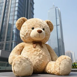a picture of the worlds largest teddy bear sitting next to a sky scraper