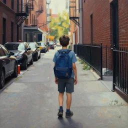 young boy in new york a back alley in the style of james gilleard