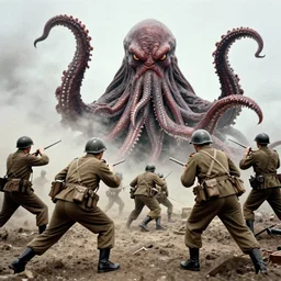 photograph from world war 2, colorized photograph 1 9 4 3, american marines fighting a cthulhu monster with tentacles, historical photograph, grainy