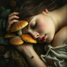 pretty sleeping woman with mushrooms as camouflage, by rubens