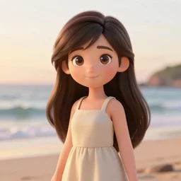 Render of a very beautiful 3d anime girl, long hair, hazel eyes, cute freckles, full round face, short smile, cute sundress, golden hour, serene beach setting, medium shot, mid-shot, highly detailed, trending on Artstation, Unreal Engine 4k