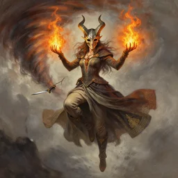 character concept art of sorceress wearing half horned mask and boots holding fire in hands flying inside a tornado, holding knives, full body shot, gown, crossing legs, raised hands, fantasy painterly style, intricate details, artwork by ross tran, artgerm, eimbrodered clothing,