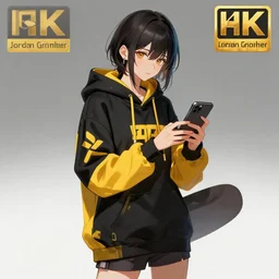 a vtuber model concept art of a beautiful girl in a black and yellow hoodie typing in an iphone, full body art, artstation, digital art, commission art, style by jordan grimmer and greg rutkowski, 4 k resolution