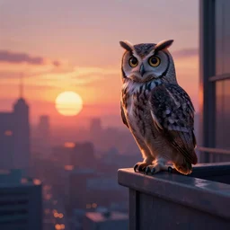 an owl watching the sunset from a building, cyberpunk, digital art, artstation trend, HDR