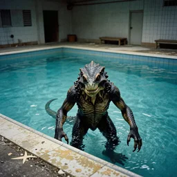 an ultra wide colour 3 5 mm film photo of a terrifying reptile humanoid creature, lurking, waiting, hiding, in an abandoned shady public swimming pool, liminal spaces, ritual occult gathering, film grain