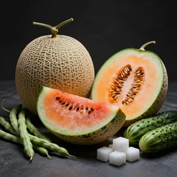 cantaloupes, watermelon, green beans, cucumbers, sugar cubes, food photography, realistic, detailed, photorealistic