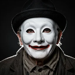 high contrast studio close - up portrait of a wrinkled old man wearing a pulcinella mask, clear eyes looking into camera, baggy clothing and hat, backlit, dark mood, nikon, photo by morten krogvold, masterpiece