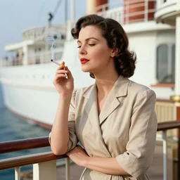 an elegant lady smoking a cigarette on the deck of a 1930s cruise ship.