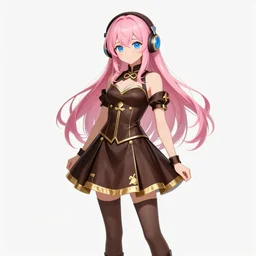 a 2 5 - year - old anime girl with long pink hair and blue eyes dressed in a brown corset with gold inserts, a brown flared skirt with gold inserts, brown headphones with blue inserts in the form of a stone, brown boots on her feet, light brown stockings, an infinity ornament on her neck, anime style, elegant, highly detailed, digital painting, artstation, concept art, smooth, sharp focus, digital art, hyperdetalied, video game icon artstation lois van baarle, ilya kuvshinov, rossdraws