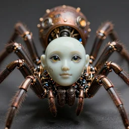 a close up of an beautiful steampunk robotic spider inspired, unreal engine realistic render, high detailed face, photorealism, golden ratio, hyper - realistic 3 d, insanely super detailed, realistic octane render, 1 6 k, fashion photography, micro detail, backlit lighting, face in focus, subsurface scattering, thin porcelain