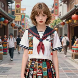 a beautiful! boyish! kat dennings alluring gravure! model, wearing japanese school girl outfit with mayan pattern and native style, aztec street fashion, gapmoe yandere grimdark, trending on pixiv fanbox, painted by greg rutkowski makoto shinkai takashi takeuchi studio ghibli, akihiko yoshida