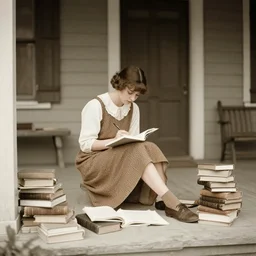 girl studying on a front porch, books all over the place, photography 1920s
