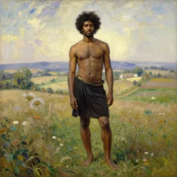 east african man with curly hair, full body, fedosenko roman, j. w. godward, jose miguel roman frances, intricate details, countryside, dreamy, impressionist, figurative