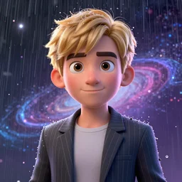cartoon portrait made out of rain, pinstripe suit, short blond hair, galactic background, rendered in octane, unreal engine, highly detailed, trending on artstation, realistic, splashes of neon, beautiful