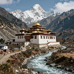 a tattoo idea of a monastery between the mountains in the himalayas, river flowing on the side, hyper realistic, surreal, trending on artstation, full hd, 8 k