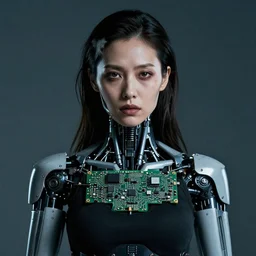 grainy photo of an ugly woman, wearing bionic implants, cyborg criminal, high tech, circuit boards