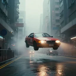 movie still of a flying car in the middle of a foggy hong kong street, artstation, volumetric light, high detail, reflections, perfect, concept art, hdr, 8 k
