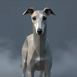 elusive greyhound staring at the camera through colorful mist, hyper detailed, masterpiece, muted blue and grey colors, polycount cubist, cgsociety, octane render