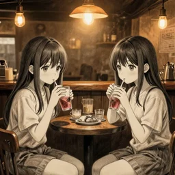 anime girls sitting and drinking in a cozy bar, volumetric lighting, symmetrical face, detailed face, hyper real, pencil art, moody lighting, cute, comfy, warm colors, intricate detail, detailed furniture