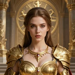 professional digital art of a hyper realistic and highly detailed beautiful woman in a beautiful complex and sexy golden armor. girl's face is hyper realistic, symetric, and highly detailed. head and shoulders view. background is an ancient temple, knights of zodiac style. greg rutkowski, zabrocki, karlkka, jayison devadas, intricate, trending on artstation, 8 k, unreal engine 5