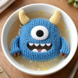 a bowl of soup that looks like a monster, knitted out of wool