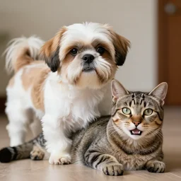 shih tzu, dog mixed with a tabby cat, cat lying down and smiling at the camera, high definition detail, 8 k, photography