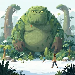 a giant creature in a lush trunda vegetation, snow snow : : by michal karcz, daniel merriam, victo ngai and guillermo del toro : : ornate, dynamic, particulate, intricate, elegant, highly detailed, centered, artstation, smooth, sharp focus, octane render, 3 d