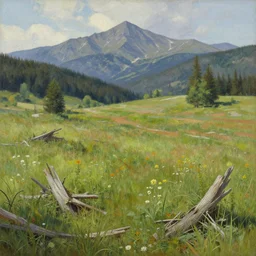 landscape painting of destroyed meadows with mountainrange in background, dystopian, nature, summer, fine details, magali villeneuve, artgerm, rutkowski