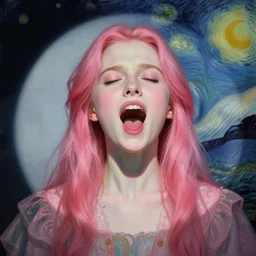 portrait of a beautiful girl, eyes closed, open mouth, strong emotions, shades of pink, beautiful face, rule of thirds, intricate outfit, spotlight, by greg rutkowski, by jeremy mann, by francoise nielly, by van gogh, digital painting
