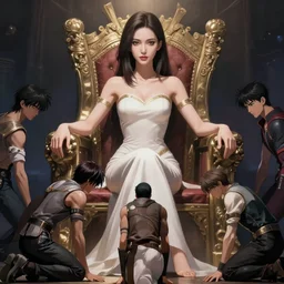 portrait of a beautiful young asian woman with shoulder length hair and strong facial bone structure, queen and ruler of the universe, sitting on her throne, men kneeling at her feet, very very anime!!!, fine - face, realistic shaded perfect face, fine details. anime. realistic shaded lighting poster by ilya kuvshinov katsuhiro otomo, magali villeneuve, artgerm, jeremy lipkin and michael garmash and rob rey