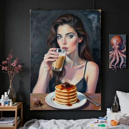 sensual, a portrait in a female art student's bedroom, black walls, a woman drinking iced latte, pancakes, maple syrup dripping, chocolate, surgical supplies, ikebana, octopus, neo - expressionism, surrealism, acrylic and spray paint and oilstick on canvas