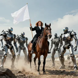 7 marina abramovich on horseback, holding a white flag, surrounded by t-1000's, in a dystopian landscape, HD 8K