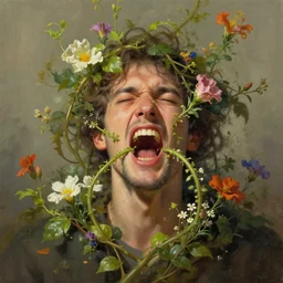 Flowers and vines violently growing outside a man's unhinging mouth, digital painting, HD