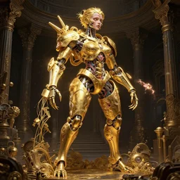 full body renderings of an absurdly ugly, ungraceful, unsophisticated, unfashionable futuristic female golden mechanical skeleton with sections of flesh showing, wires, glowing internal light, hyperdetailed illustration by irakli nadar and alexandre ferra, intricate linework, faberge, intricate gold linework, dark atmosphere, unreal engine 5 highly rendered, global illumination, radiant light, detailed and intricate environment